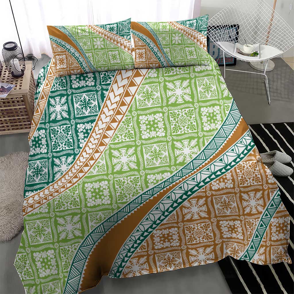 Hawaiian Quilt Pattern Bedding Set Green Chestnut Color Mixed - Polynesian Pride