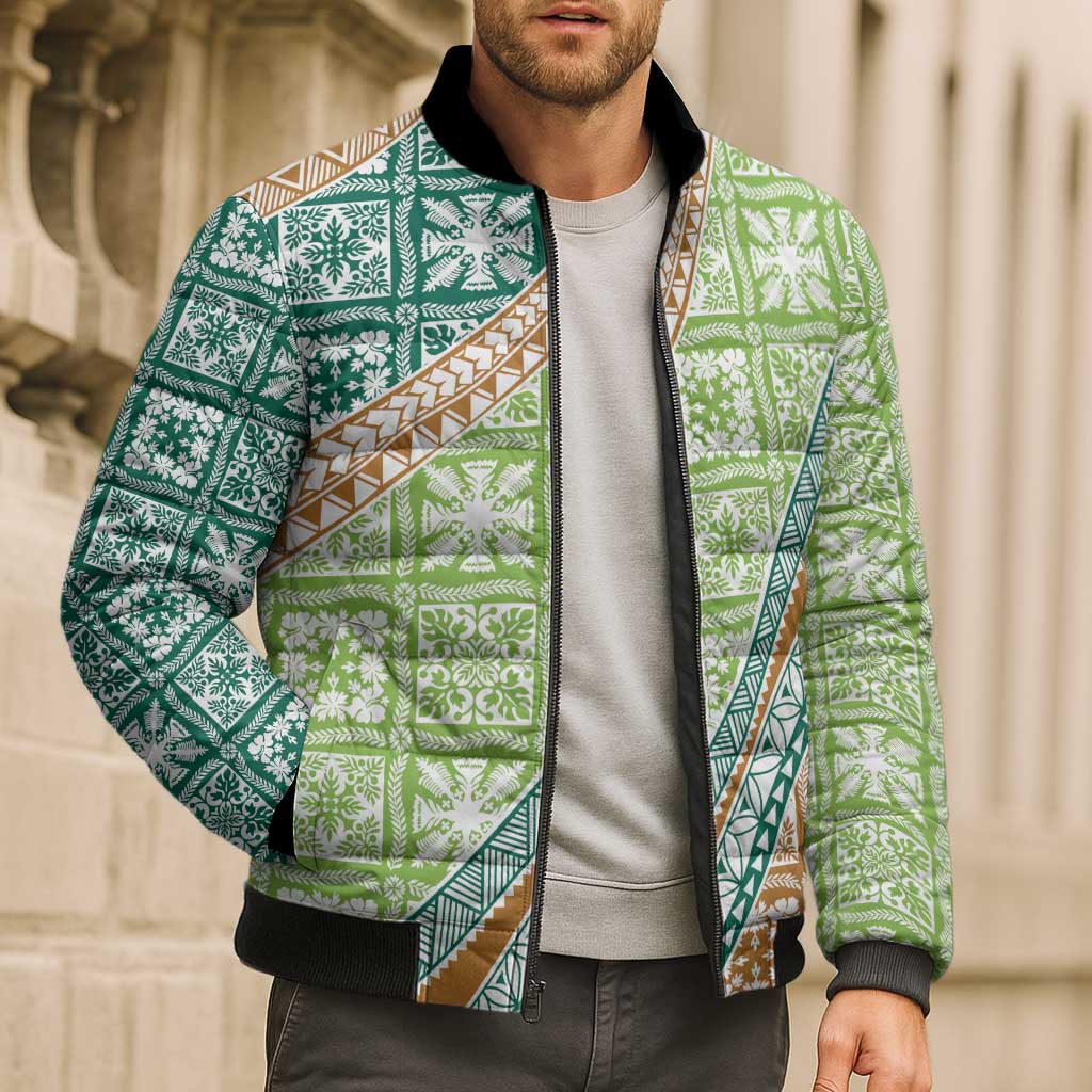 Hawaiian Quilt Pattern Bomber Puffer Jacket Green Chestnut Color Mixed - Polynesian Pride