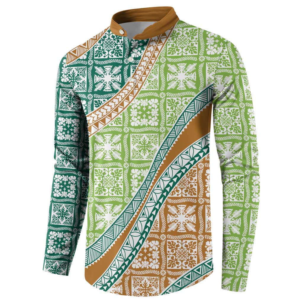 Hawaiian Quilt Pattern Button Sweatshirt Green Chestnut Color Mixed - Polynesian Pride