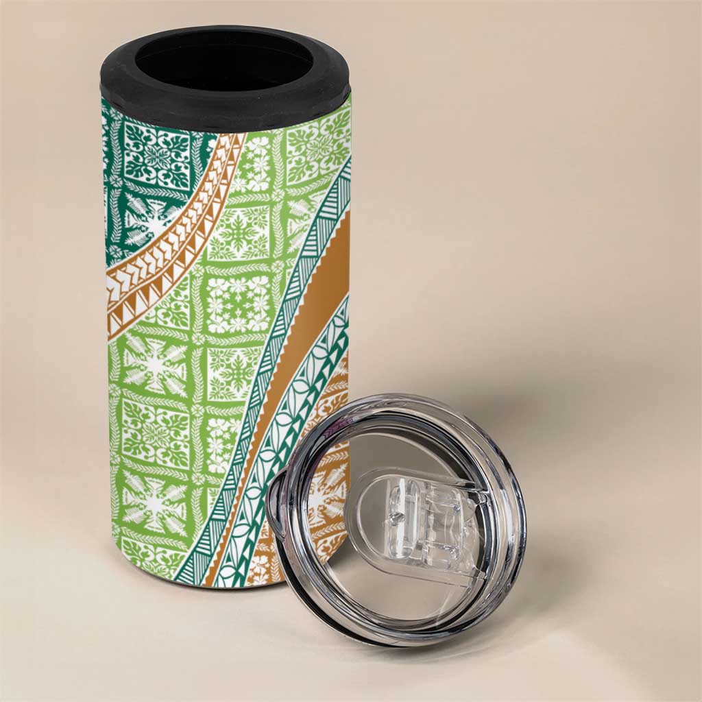 Hawaiian Quilt Pattern 4 in 1 Can Cooler Tumbler Green Chestnut Color Mixed - Polynesian Pride