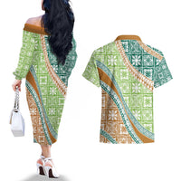 Hawaiian Quilt Pattern Couples Matching Off The Shoulder Long Sleeve Dress and Hawaiian Shirt Green Chestnut Color Mixed - Polynesian Pride