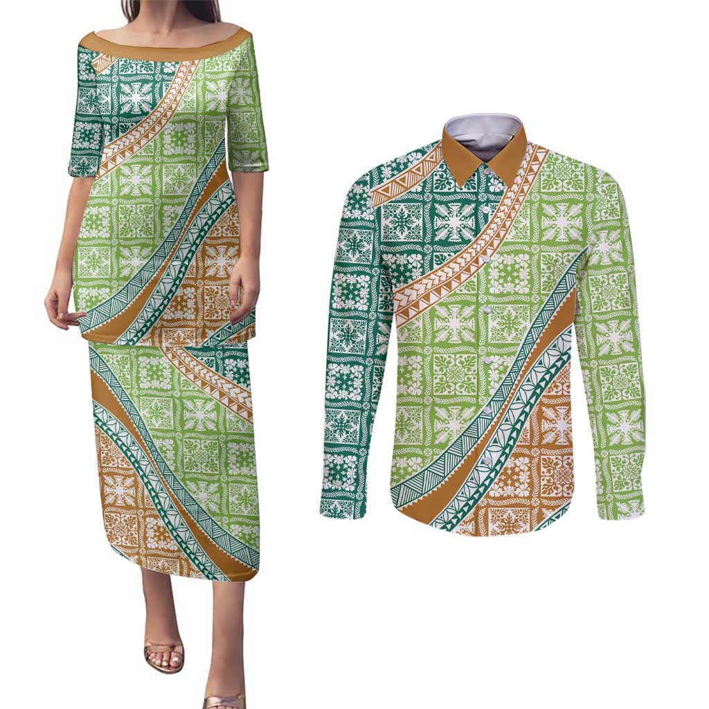 Hawaiian Quilt Pattern Couples Matching Puletasi and Long Sleeve Button Shirt Green Chestnut Color Mixed - Polynesian Pride