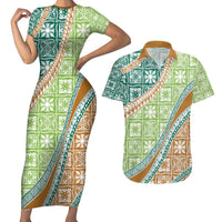 Hawaiian Quilt Pattern Couples Matching Short Sleeve Bodycon Dress and Hawaiian Shirt Green Chestnut Color Mixed - Polynesian Pride