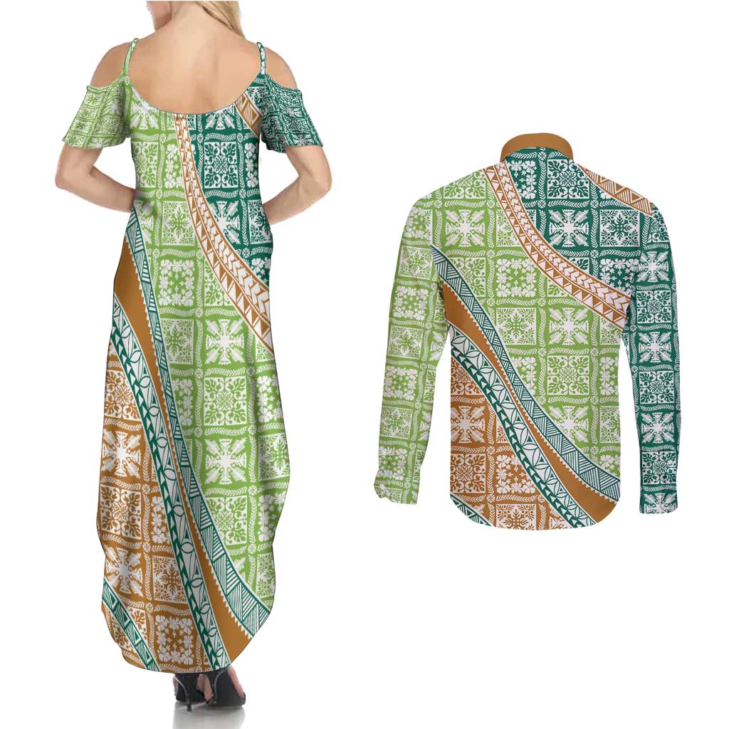 Hawaiian Quilt Pattern Couples Matching Summer Maxi Dress and Long Sleeve Button Shirt Green Chestnut Color Mixed - Polynesian Pride