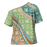 Hawaiian Quilt Pattern Cross Shoulder Shirt Green Chestnut Color Mixed - Polynesian Pride