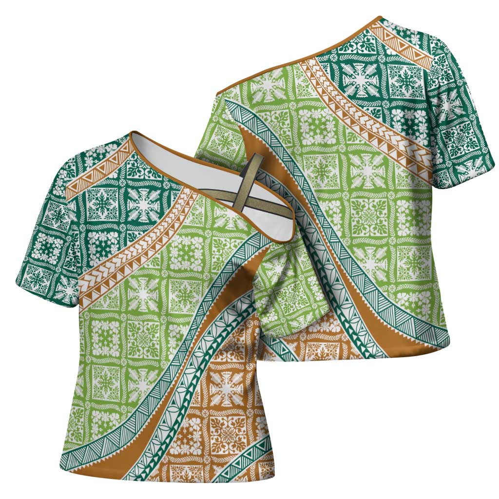 Hawaiian Quilt Pattern Cross Shoulder Shirt Green Chestnut Color Mixed - Polynesian Pride