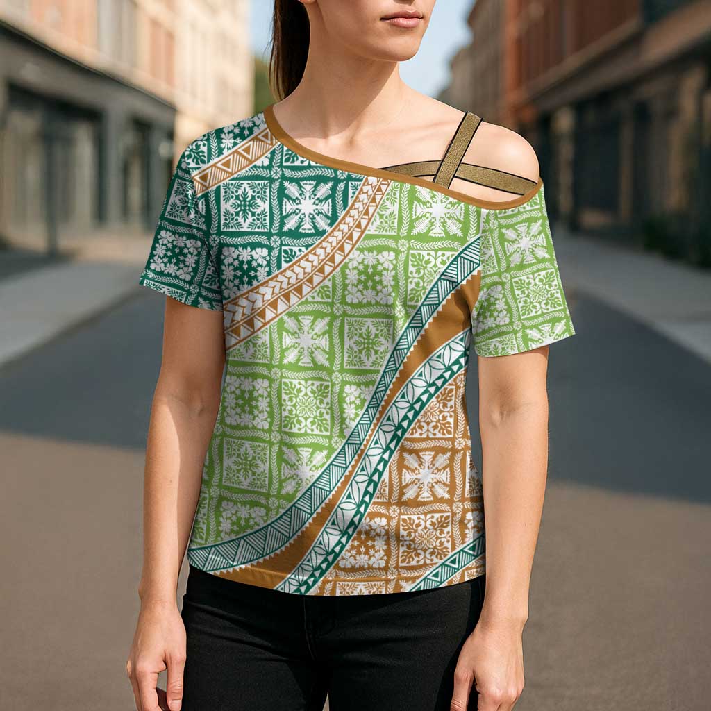 Hawaiian Quilt Pattern Cross Shoulder Shirt Green Chestnut Color Mixed - Polynesian Pride