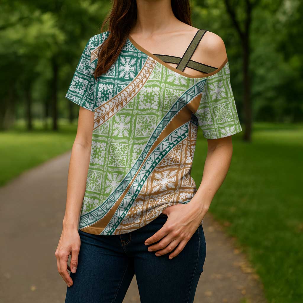 Hawaiian Quilt Pattern Cross Shoulder Shirt Green Chestnut Color Mixed - Polynesian Pride