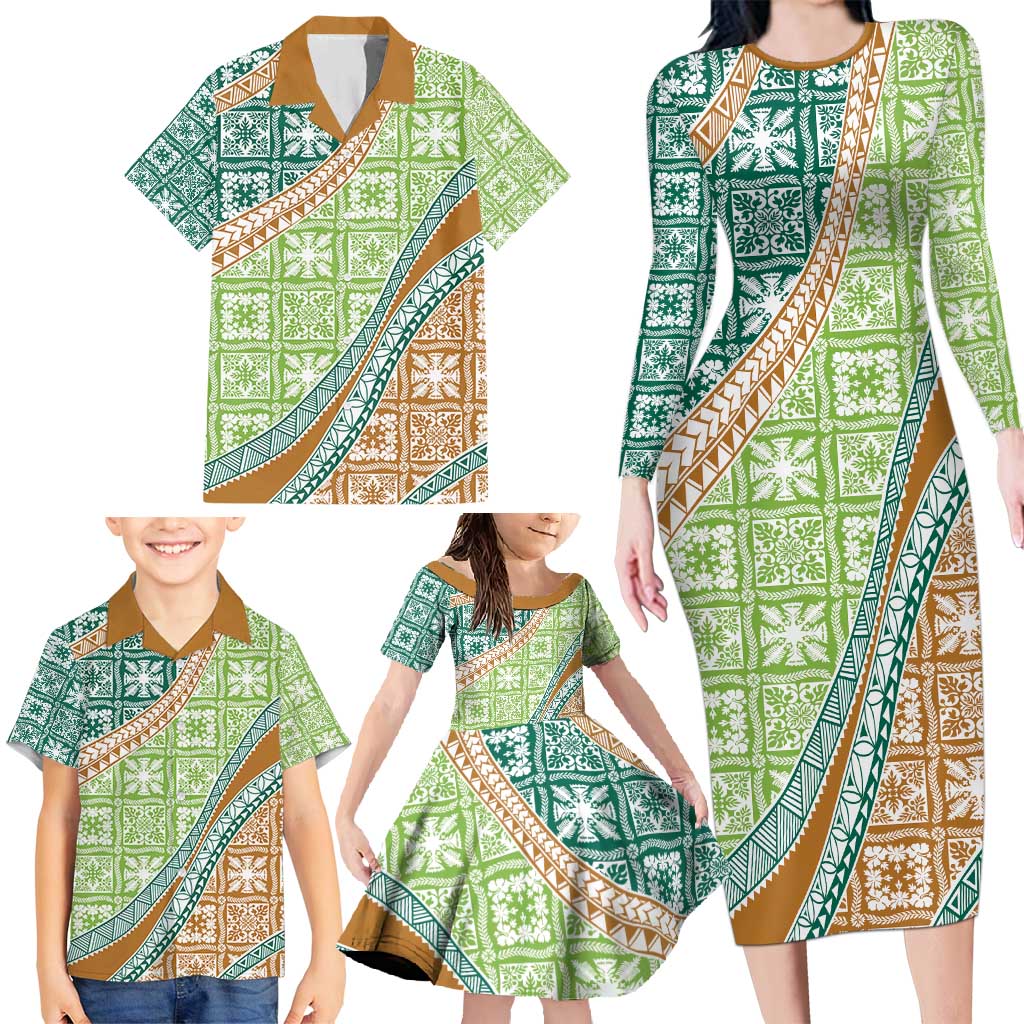 Hawaiian Quilt Pattern Family Matching Long Sleeve Bodycon Dress and Hawaiian Shirt Green Chestnut Color Mixed - Polynesian Pride