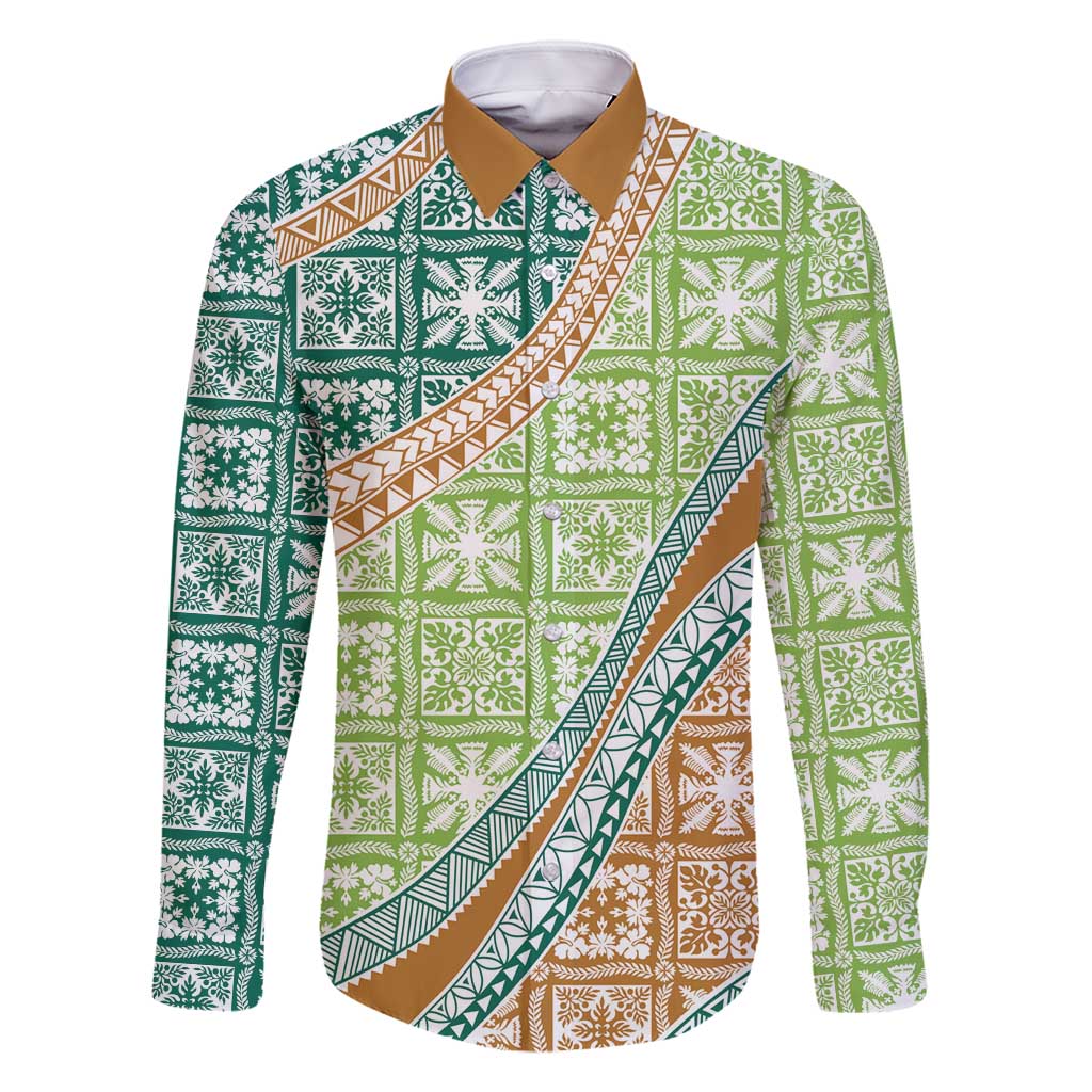 Hawaiian Quilt Pattern Family Matching Long Sleeve Bodycon Dress and Hawaiian Shirt Green Chestnut Color Mixed - Polynesian Pride