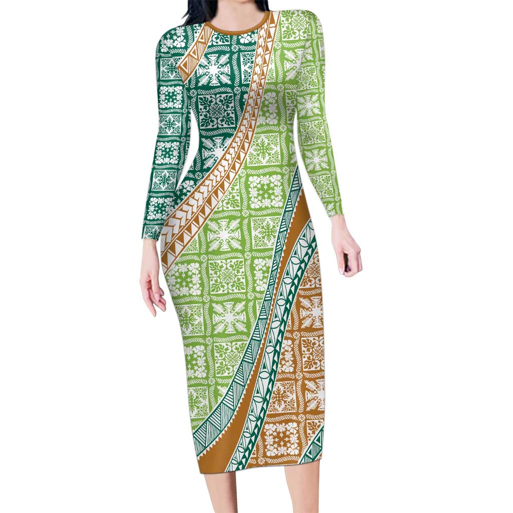 Hawaiian Quilt Pattern Family Matching Long Sleeve Bodycon Dress and Hawaiian Shirt Green Chestnut Color Mixed - Polynesian Pride
