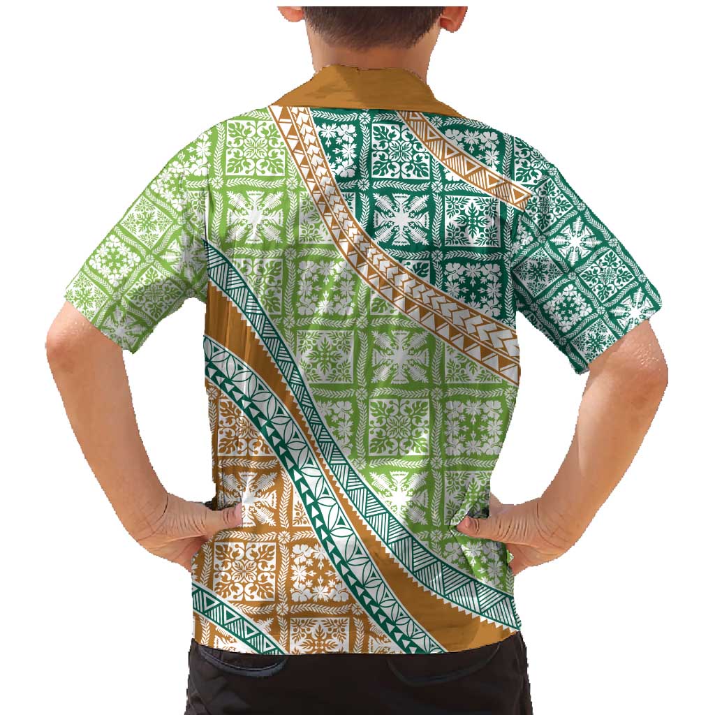 Hawaiian Quilt Pattern Family Matching Mermaid Dress and Hawaiian Shirt Green Chestnut Color Mixed - Polynesian Pride