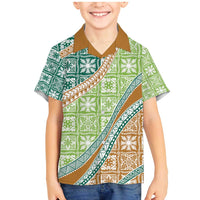 Hawaiian Quilt Pattern Family Matching Mermaid Dress and Hawaiian Shirt Green Chestnut Color Mixed - Polynesian Pride