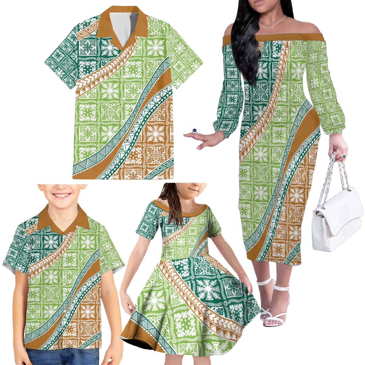 Hawaiian Quilt Pattern Family Matching Off The Shoulder Long Sleeve Dress and Hawaiian Shirt Green Chestnut Color Mixed - Polynesian Pride
