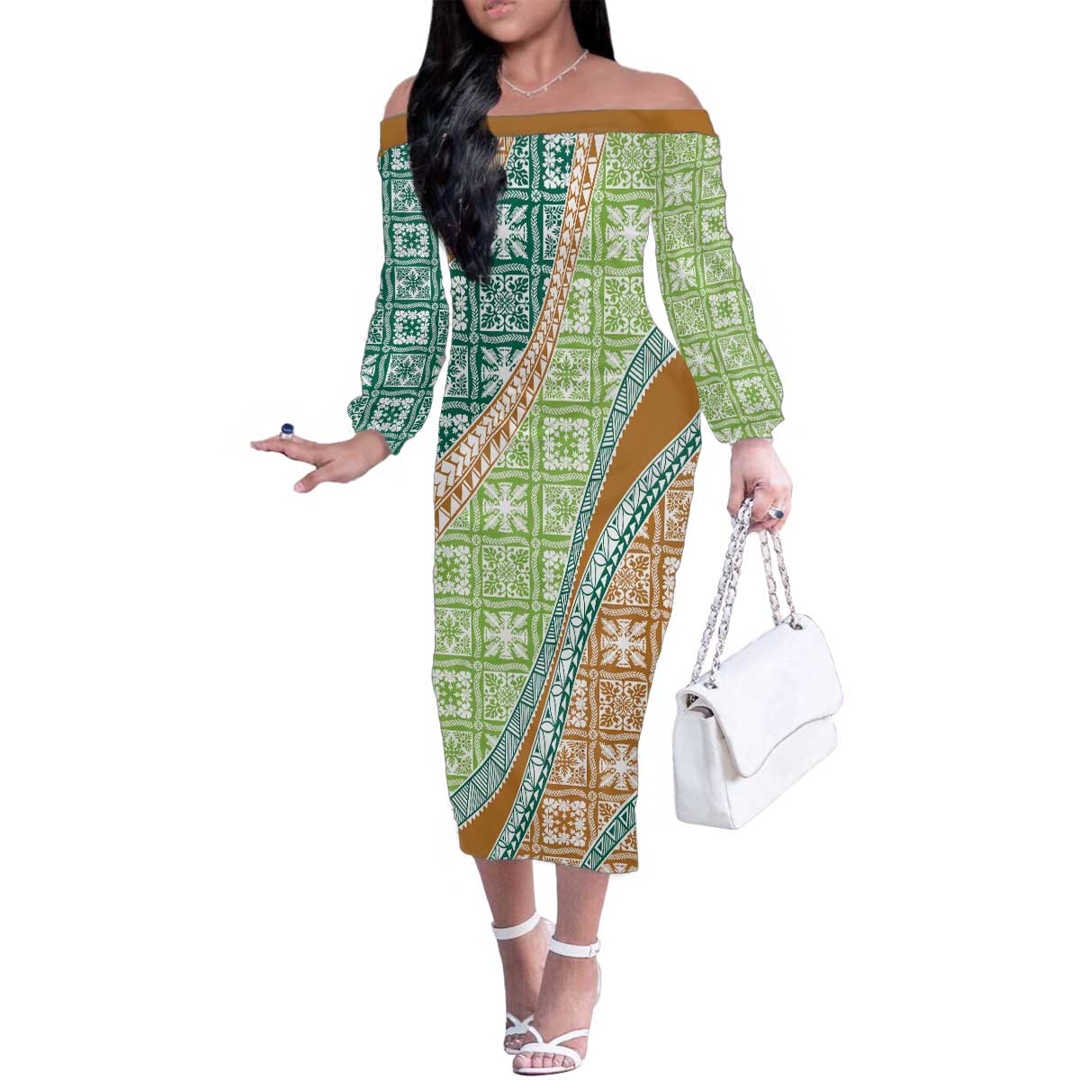 Hawaiian Quilt Pattern Family Matching Off The Shoulder Long Sleeve Dress and Hawaiian Shirt Green Chestnut Color Mixed - Polynesian Pride