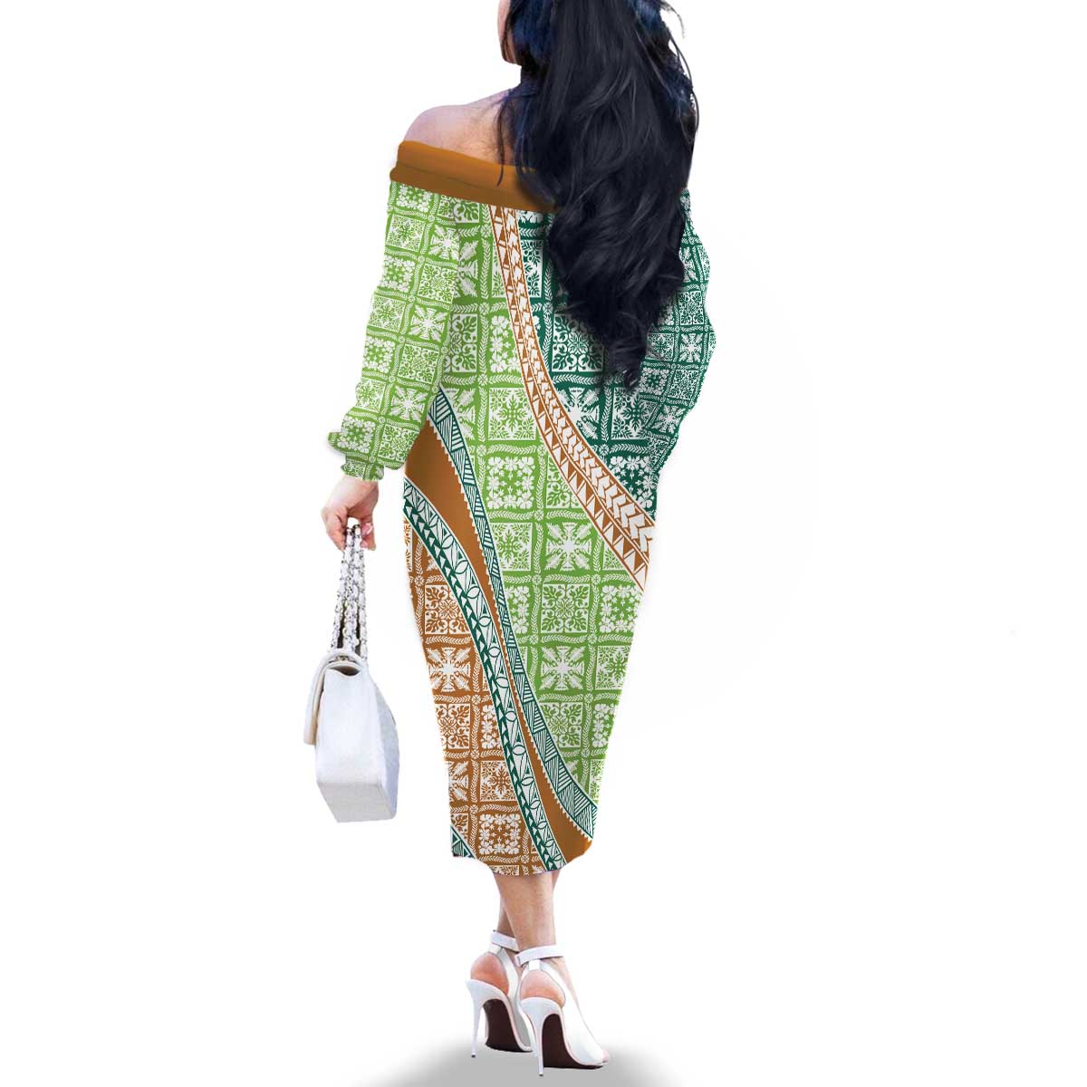 Hawaiian Quilt Pattern Family Matching Off The Shoulder Long Sleeve Dress and Hawaiian Shirt Green Chestnut Color Mixed - Polynesian Pride