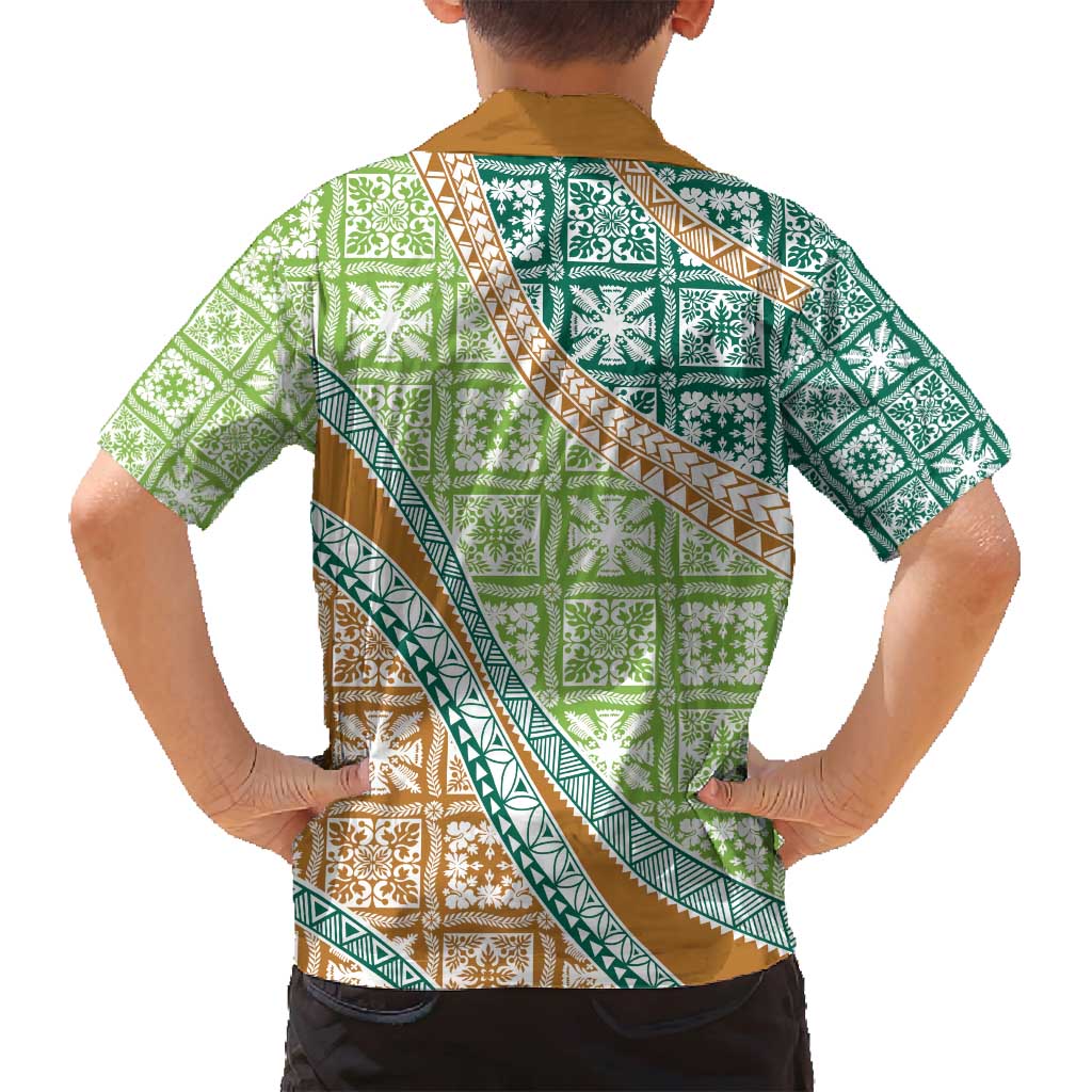 Hawaiian Quilt Pattern Family Matching Off Shoulder Maxi Dress and Hawaiian Shirt Green Chestnut Color Mixed - Polynesian Pride