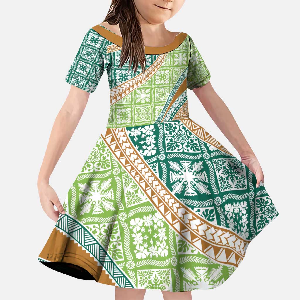 Hawaiian Quilt Pattern Family Matching Off Shoulder Maxi Dress and Hawaiian Shirt Green Chestnut Color Mixed - Polynesian Pride
