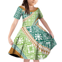Hawaiian Quilt Pattern Family Matching Off Shoulder Short Dress and Hawaiian Shirt Green Chestnut Color Mixed - Polynesian Pride