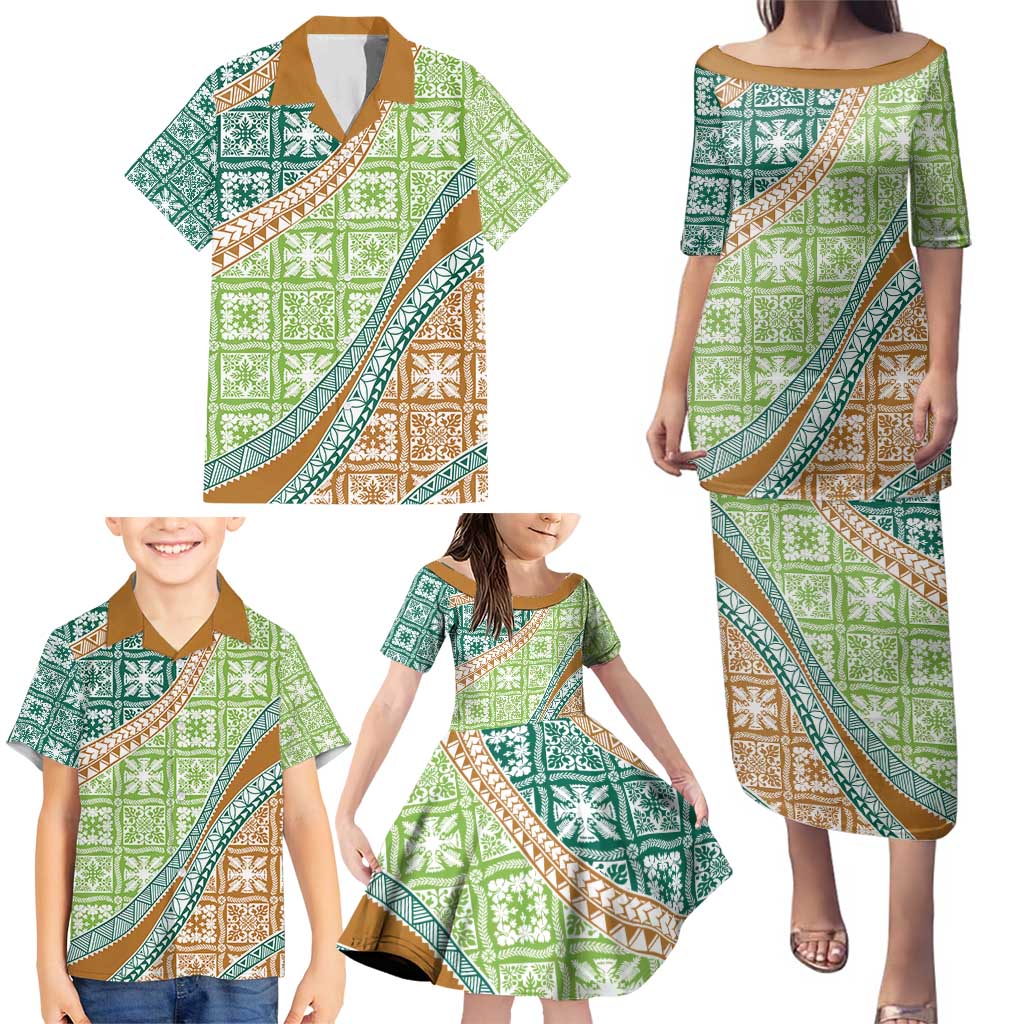 Hawaiian Quilt Pattern Family Matching Puletasi and Hawaiian Shirt Green Chestnut Color Mixed - Polynesian Pride