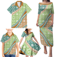 Hawaiian Quilt Pattern Family Matching Puletasi and Hawaiian Shirt Green Chestnut Color Mixed - Polynesian Pride