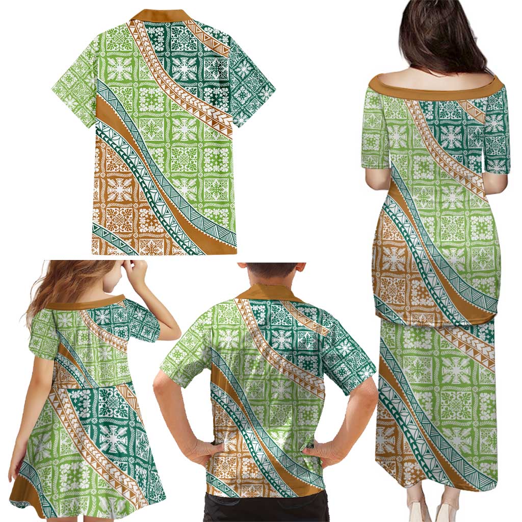 Hawaiian Quilt Pattern Family Matching Puletasi and Hawaiian Shirt Green Chestnut Color Mixed - Polynesian Pride