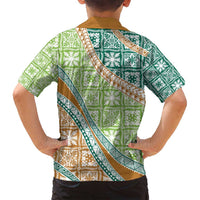 Hawaiian Quilt Pattern Family Matching Summer Maxi Dress and Hawaiian Shirt Green Chestnut Color Mixed - Polynesian Pride
