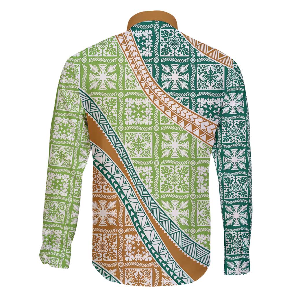 Hawaiian Quilt Pattern Family Matching Summer Maxi Dress and Hawaiian Shirt Green Chestnut Color Mixed - Polynesian Pride