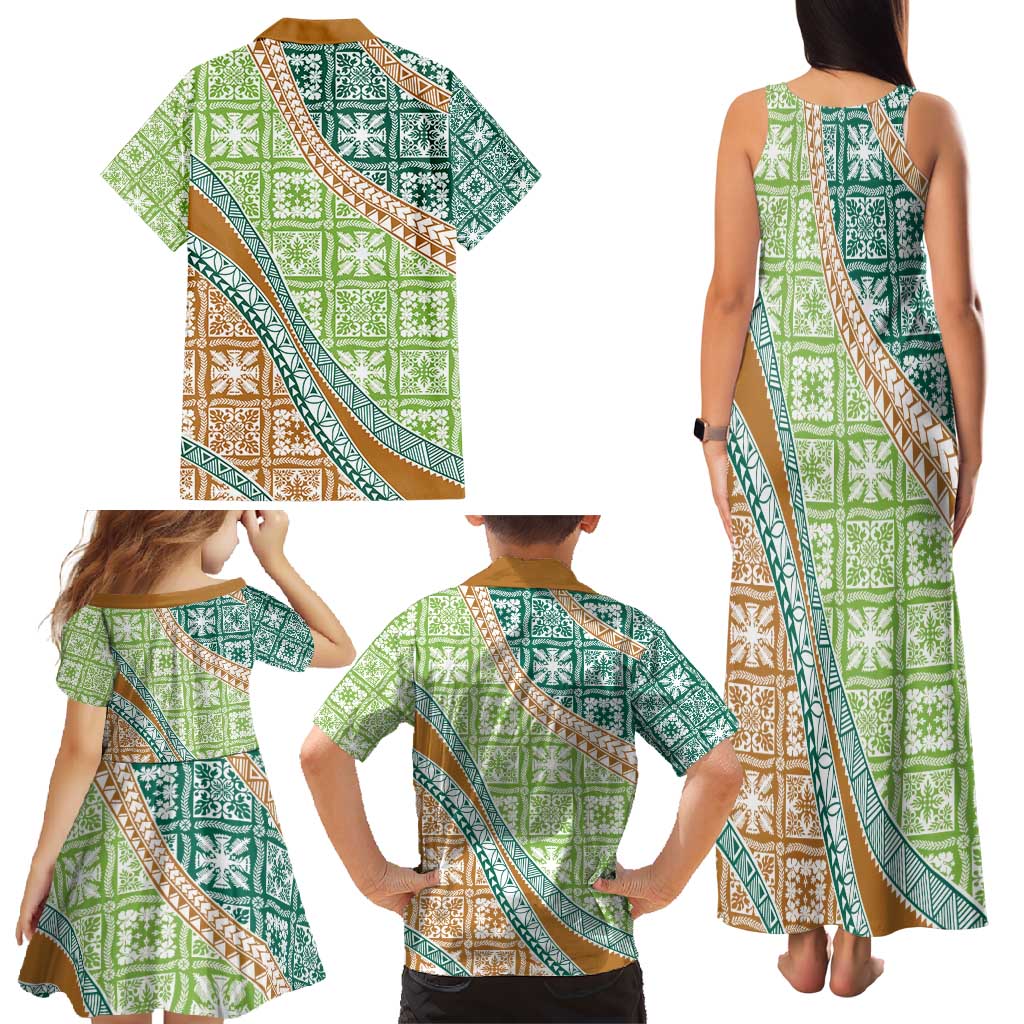 Hawaiian Quilt Pattern Family Matching Tank Maxi Dress and Hawaiian Shirt Green Chestnut Color Mixed - Polynesian Pride