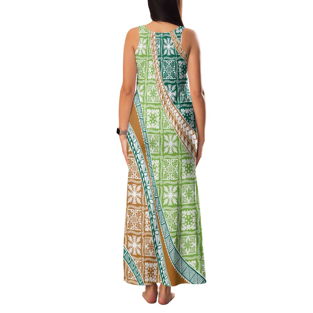 Hawaiian Quilt Pattern Family Matching Tank Maxi Dress and Hawaiian Shirt Green Chestnut Color Mixed - Polynesian Pride