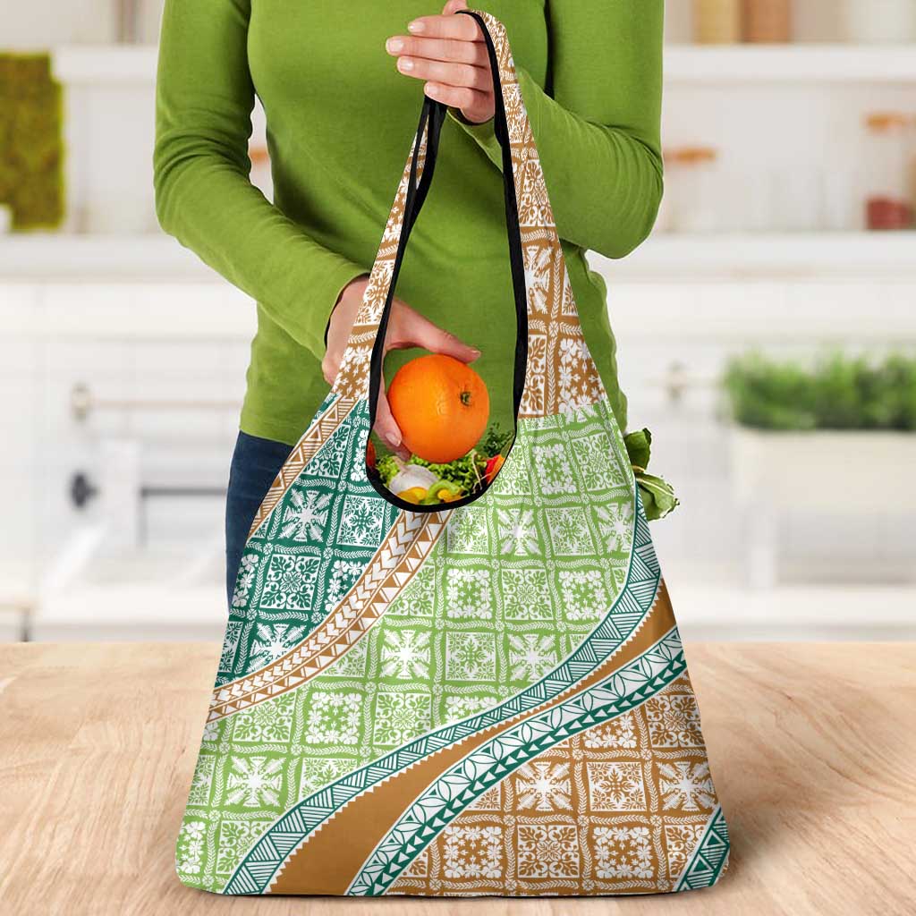 Hawaiian Quilt Pattern Grocery Bag Green Chestnut Color Mixed - Polynesian Pride