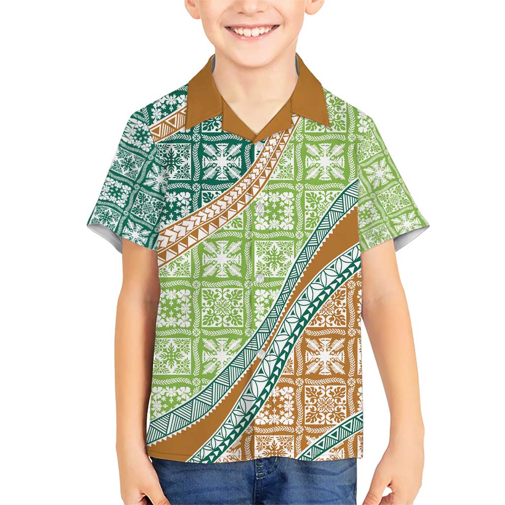 Hawaiian Quilt Pattern Kid Hawaiian Shirt Green Chestnut Color Mixed - Polynesian Pride
