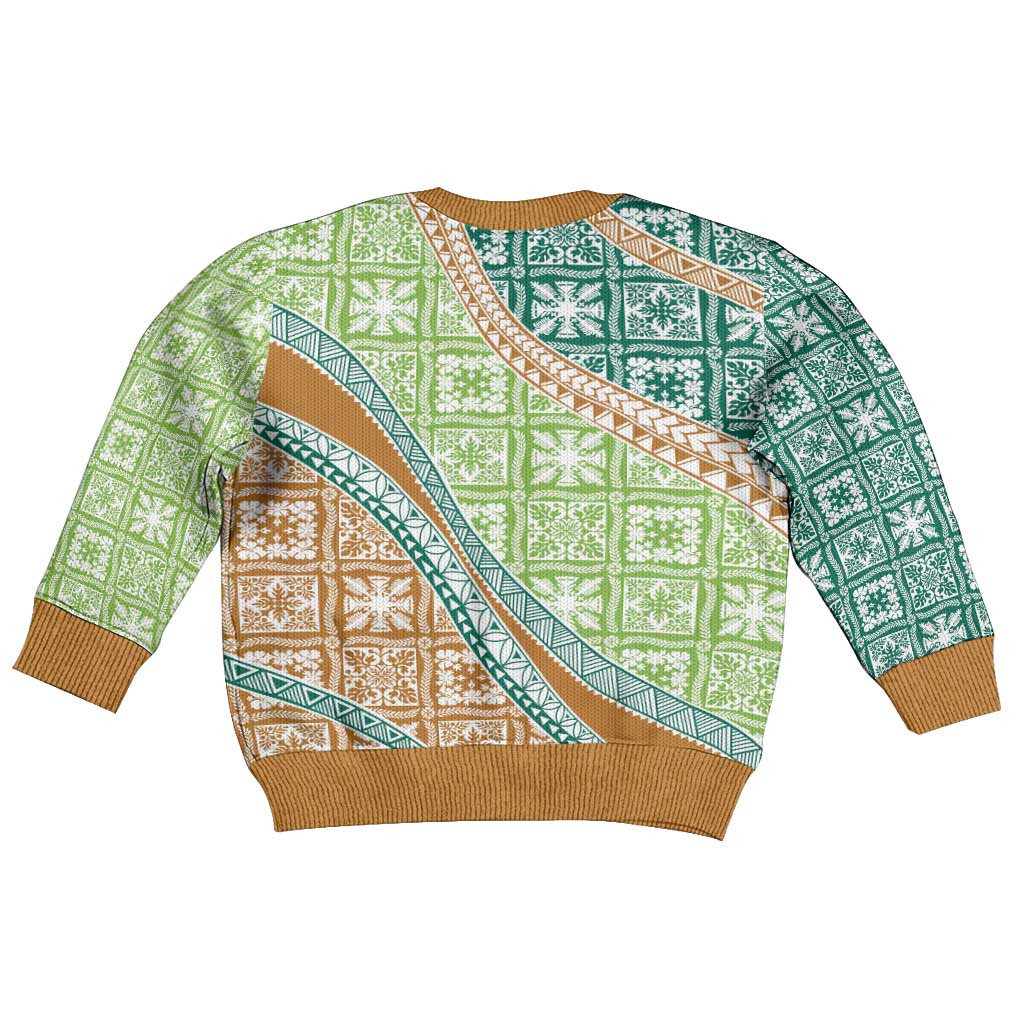 Hawaiian Quilt Pattern Kid Ugly Christmas Sweater Green Chestnut Color Mixed - Polynesian Pride