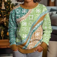 Hawaiian Quilt Pattern Kid Ugly Christmas Sweater Green Chestnut Color Mixed - Polynesian Pride