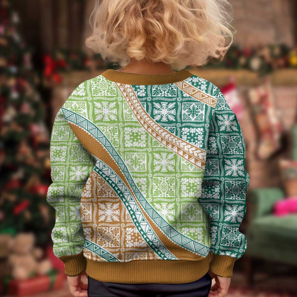 Hawaiian Quilt Pattern Kid Ugly Christmas Sweater Green Chestnut Color Mixed - Polynesian Pride