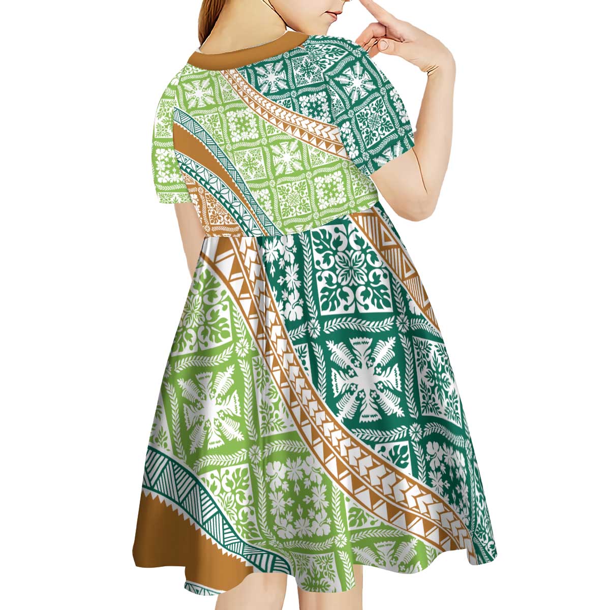 Hawaiian Quilt Pattern Kid Short Sleeve Dress Green Chestnut Color Mixed - Polynesian Pride