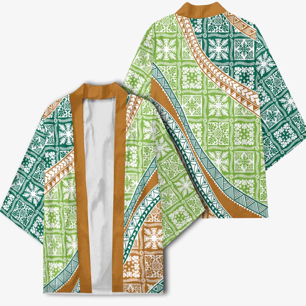 Hawaiian Quilt Pattern Kimono Green Chestnut Color Mixed - Polynesian Pride