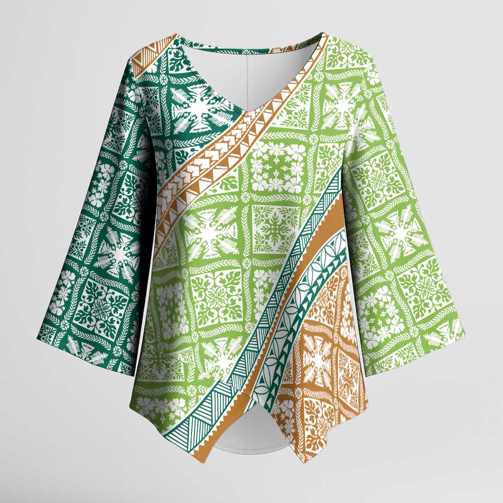 Hawaiian Quilt Pattern Kimono Sleeve Blouse Green Chestnut Color Mixed - Polynesian Pride