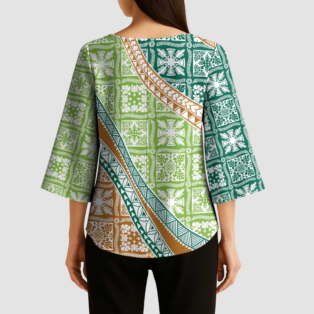 Hawaiian Quilt Pattern Kimono Sleeve Blouse Green Chestnut Color Mixed - Polynesian Pride