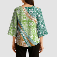 Hawaiian Quilt Pattern Kimono Sleeve Blouse Green Chestnut Color Mixed - Polynesian Pride
