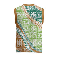 Hawaiian Quilt Pattern Christmas Knitted V-Neck Vest Green Chestnut Color Mixed - Polynesian Pride