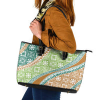 Hawaiian Quilt Pattern Leather Tote Bag Green Chestnut Color Mixed - Polynesian Pride