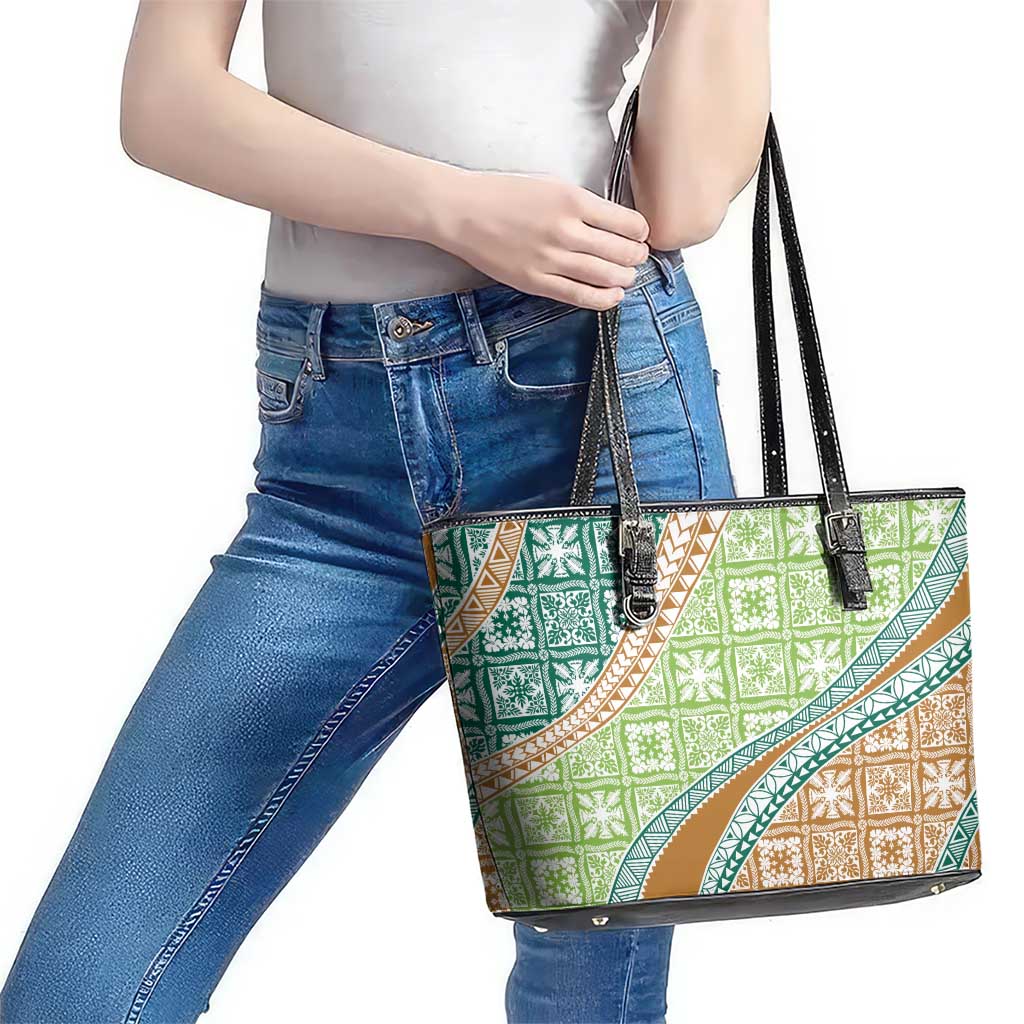 Hawaiian Quilt Pattern Leather Tote Bag Green Chestnut Color Mixed - Polynesian Pride