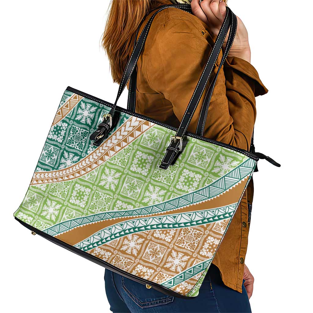 Hawaiian Quilt Pattern Leather Tote Bag Green Chestnut Color Mixed - Polynesian Pride
