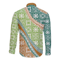 Hawaiian Quilt Pattern Long Sleeve Button Shirt Green Chestnut Color Mixed - Polynesian Pride