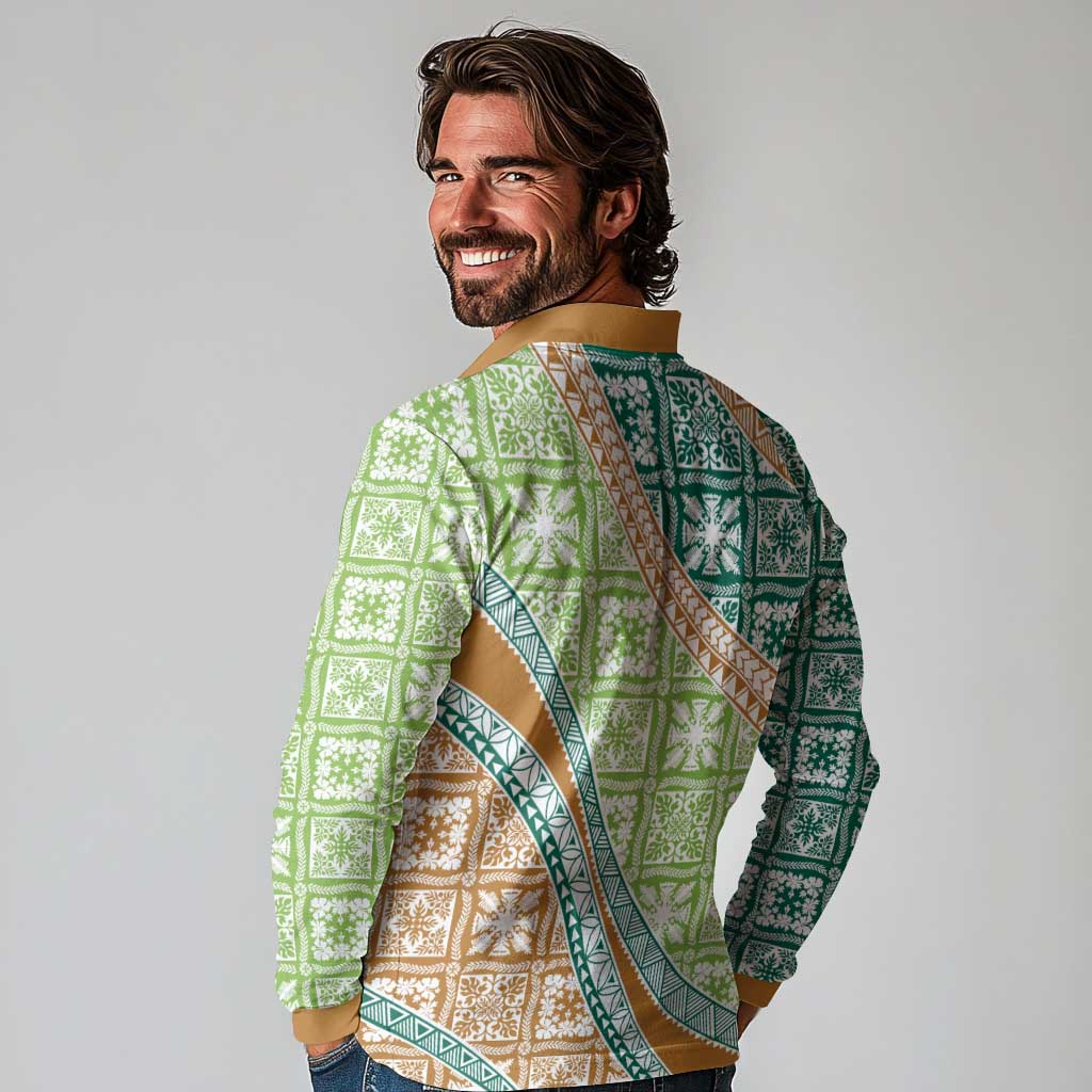 Hawaiian Quilt Pattern Long Sleeve Polo Shirt Green Chestnut Color Mixed - Polynesian Pride