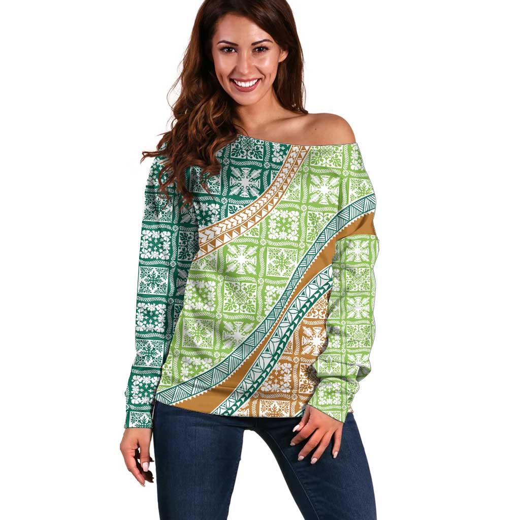 Hawaiian Quilt Pattern Off Shoulder Sweater Green Chestnut Color Mixed - Polynesian Pride