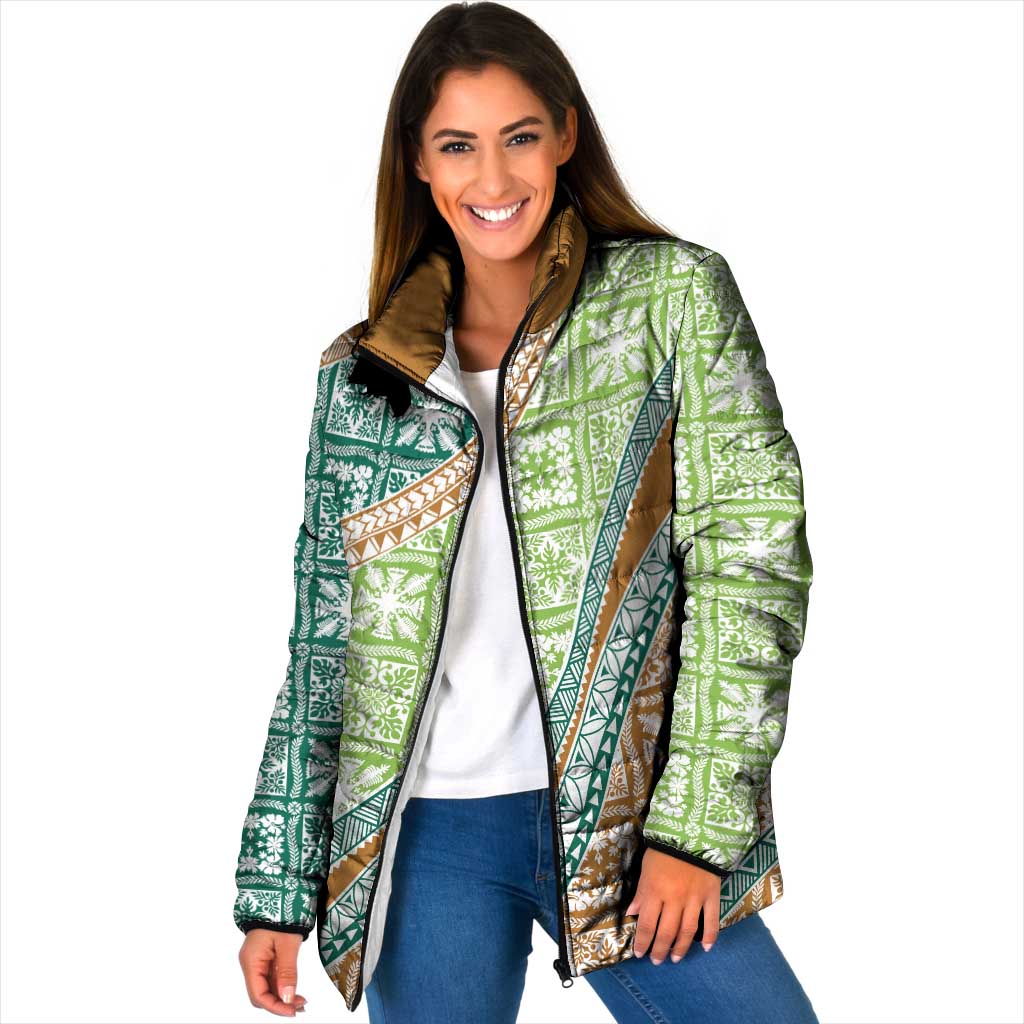 Hawaiian Quilt Pattern Padded Jacket Green Chestnut Color Mixed - Polynesian Pride