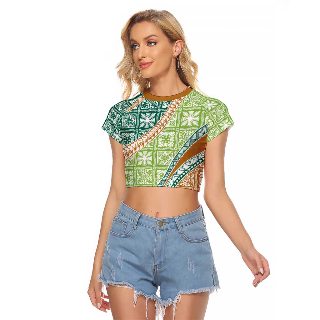 Hawaiian Quilt Pattern Raglan Cropped T Shirt Green Chestnut Color Mixed - Polynesian Pride