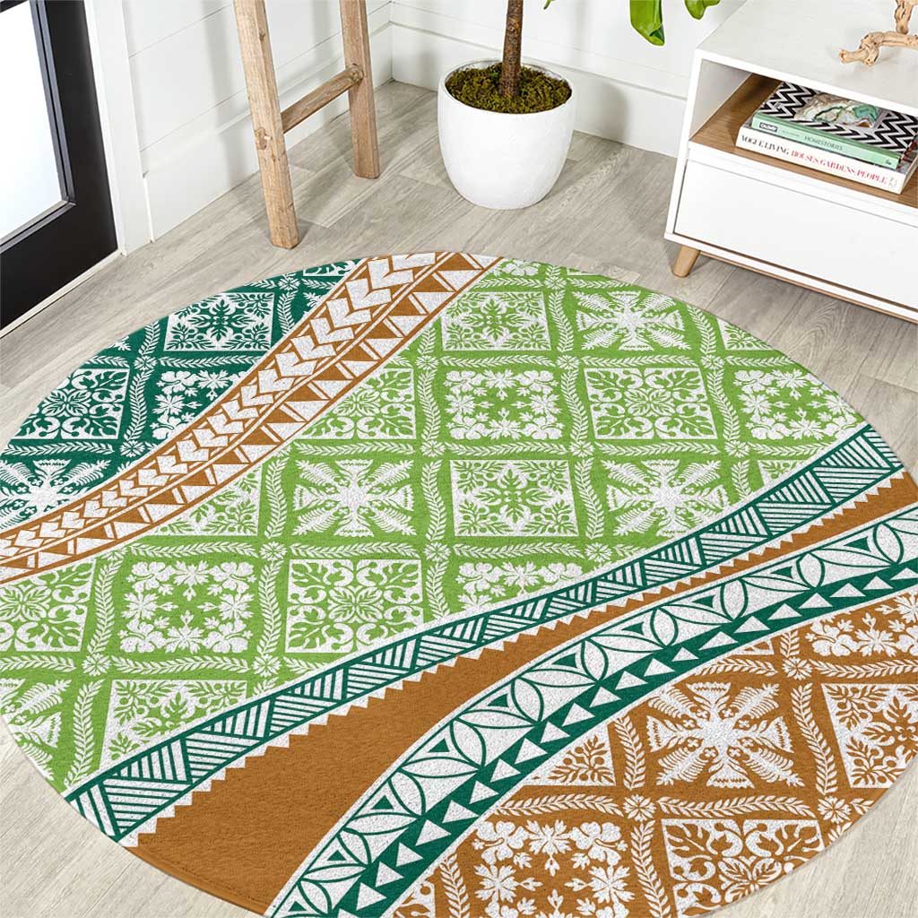 Hawaiian Quilt Pattern Round Carpet Green Chestnut Color Mixed - Polynesian Pride